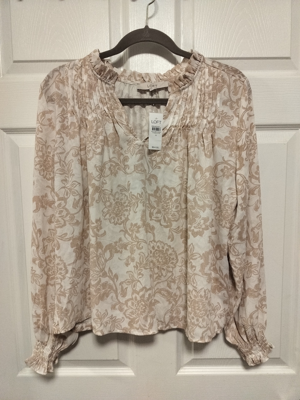 LOFT Cream and Beige Floral Pintuck Blouse